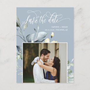 Dusty Blue Green Leaves QR Code Save the Date Announcement Postcard