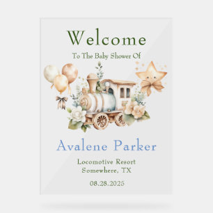 Dusty Blue Green Train Boy Shower Welcome Sign