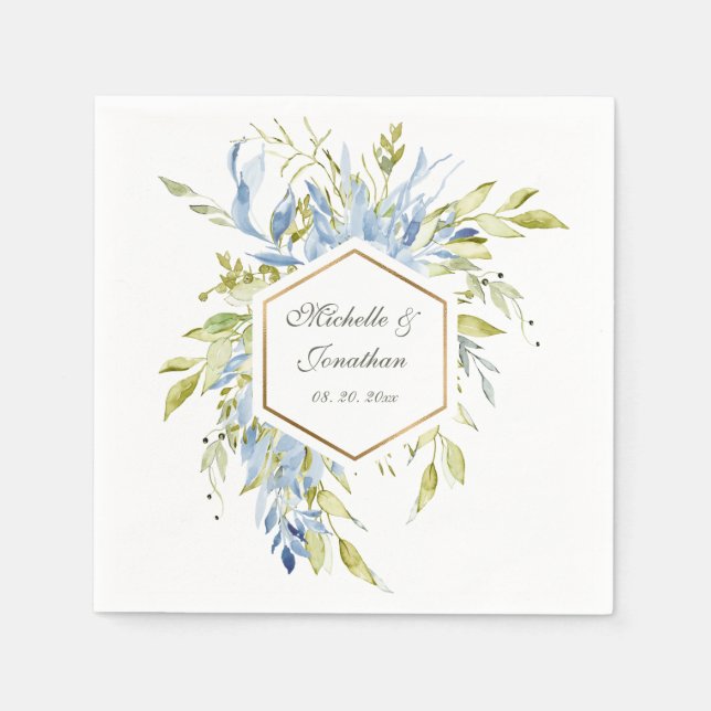 Dusty Blue Green Watercolor Greenery Gold Frame Napkin (Front)
