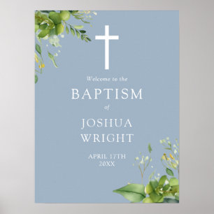 Dusty Blue Greenery Baptism Affiche de bienvenue