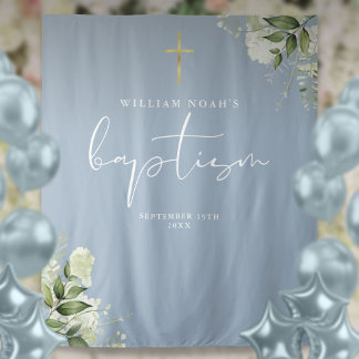 Dusty Blue Greenery Baptism Photo Backdrop Tapestry