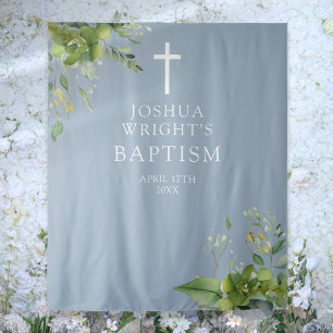 Dusty Blue Greenery Baptism Photo Backdrop Tapestry