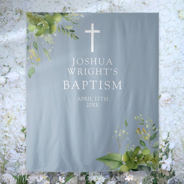 Dusty Blue Greenery Baptism Photo Backdrop Tapestry (Dusty Blue Greenery Baptism Photo Backdrop)
