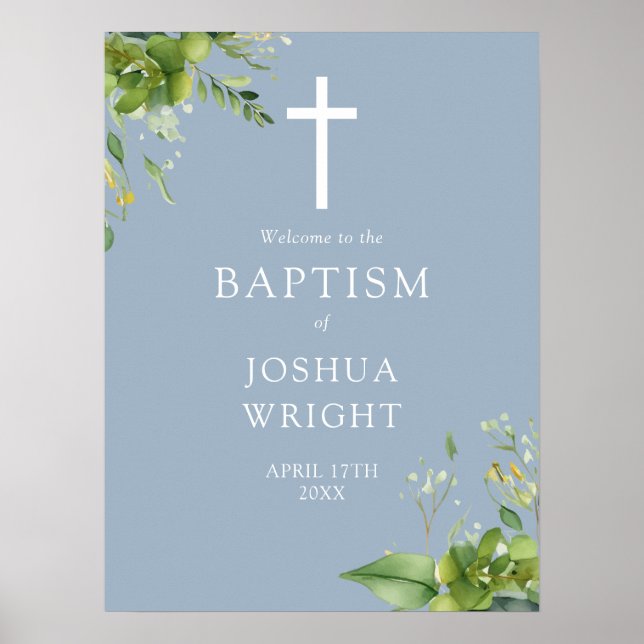 Dusty Blue Greenery Baptism Welcome Sign (Front)