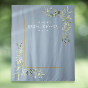 Dusty Blue Greenery Bridal Shower Photo Backdrop Tapestry