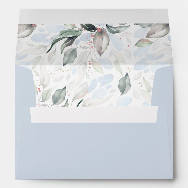 Dusty Blue Greenery Elegant Watercolor Rose Gold Envelope (Back (Bottom))