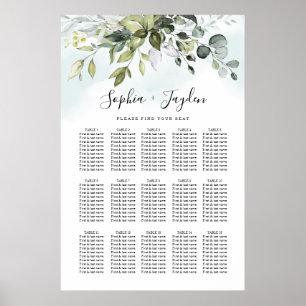 Dusty Blue Greenery Elegant Wedding Seating Chart