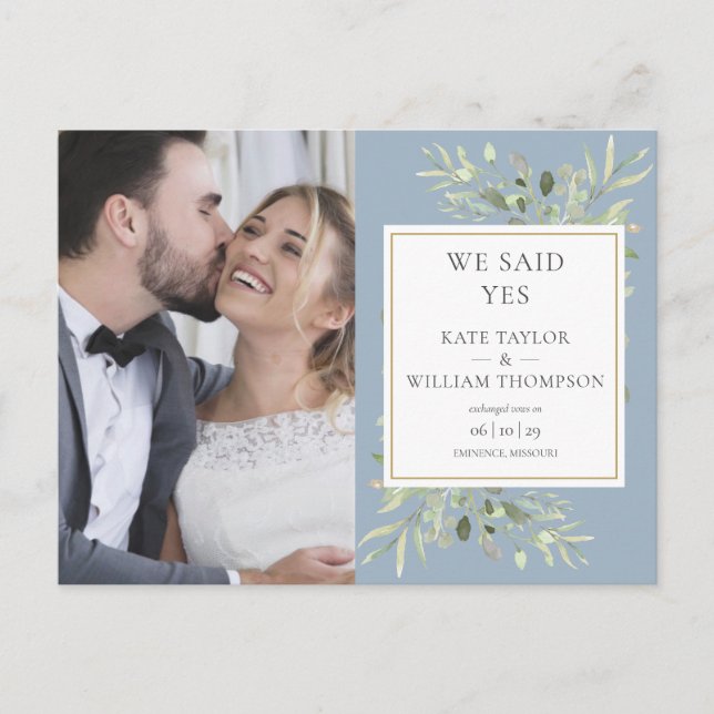 Dusty Blue Greenery Elopement Photo Wedding Announcement Postcard (Front)