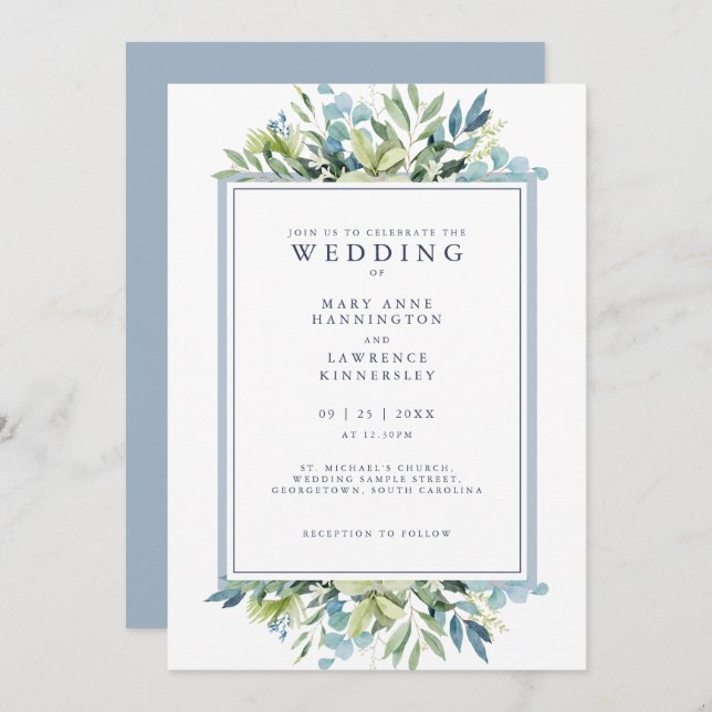 Dusty Blue Greenery Eucalyptus Wedding Invitation (Front/Back)