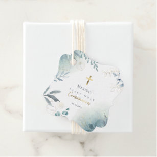 dusty blue greenery First Holy Communion Favour Tags