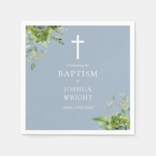 Dusty Blue Greenery Floral Baptism Christening Napkin