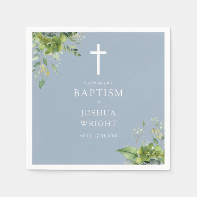 Dusty Blue Greenery Floral Baptism Christening Napkin (Front)