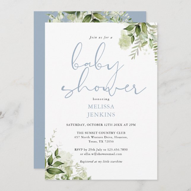 Dusty Blue Greenery Floral Boy Baby Shower Invitation (Front/Back)