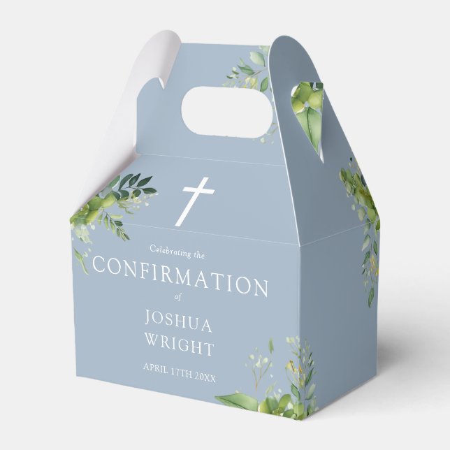 Dusty Blue Greenery Floral Confirmation Favor Box (Back Side)