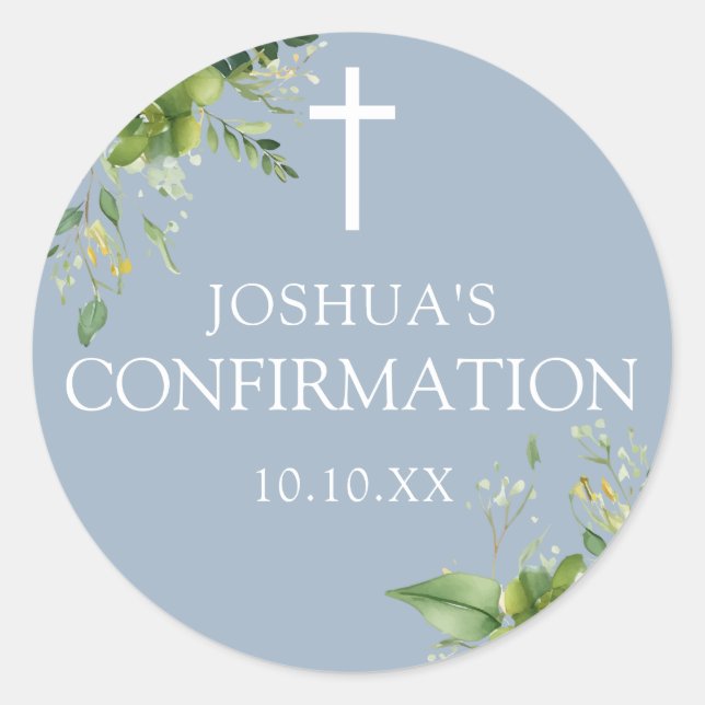 Dusty Blue Greenery Floral Confirmation Favour Classic Round Sticker (Front)
