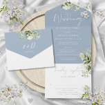 Dusty Blue Greenery Floral Details RSVP Wedding All In One Invitation<br><div class="desc">All in one wedding invitation featuring botanical greenery floral falling across elegant calligraphy script typography on a dusty blue background. The invitation includes additional guest details and a perforated RSVP card that can be individually addressed or left blank for you to handwrite your guest's address details. Designed by Thisisnotme©</div>