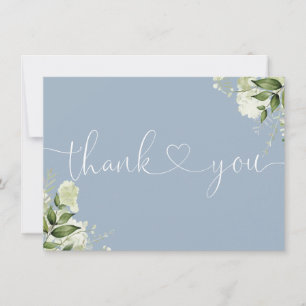 Dusty Blue Greenery Floral Elegant Script Heart Thank You Card