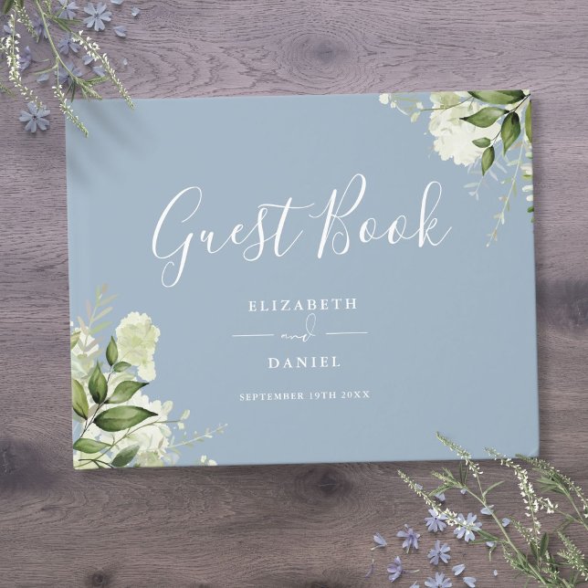 Dusty Blue Greenery Floral Wedding Guest Book (Dusty Blue Greenery Floral Wedding Guest Book)