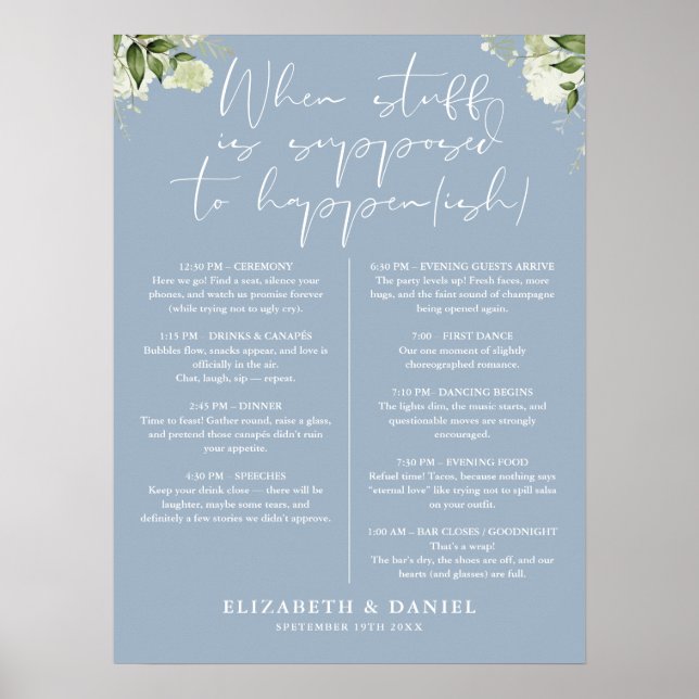 Dusty Blue Greenery Floral Wedding Itinerary Poster (Front)