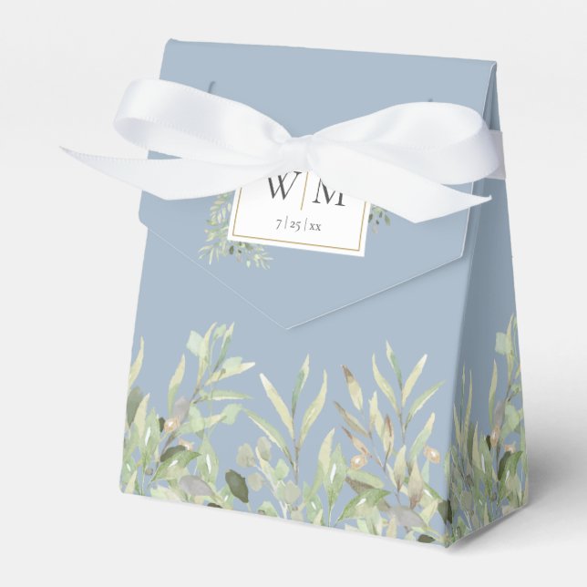 Dusty Blue Greenery Foliage Monogram Wedding Favor Box (Front Side)