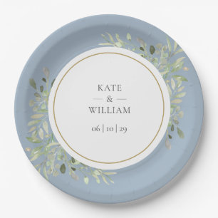 Dusty Blue Greenery Foliage Wedding Paper Plate