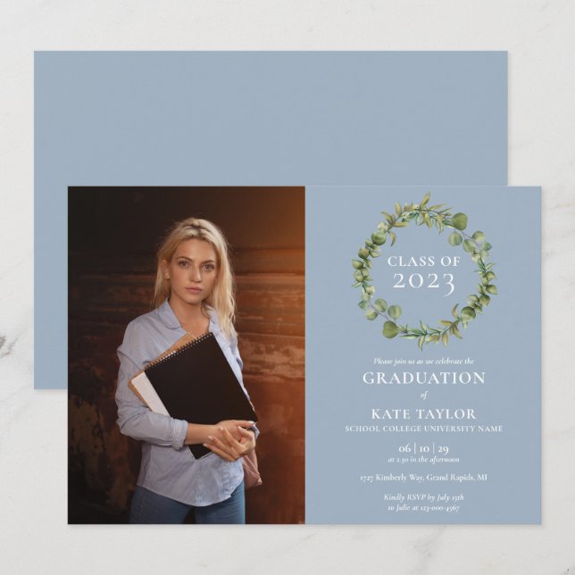 Dusty Blue Greenery Garland Photo Graduation Party Invitation (Front/Back)