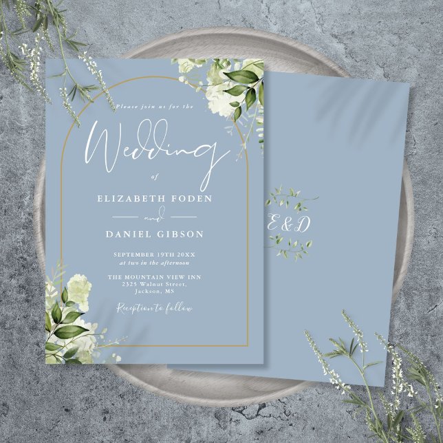 Dusty Blue Greenery Gold Arch Monogram Wedding Invitation (Dusty Blue Greenery Gold Arch Monogram Wedding Invitation)