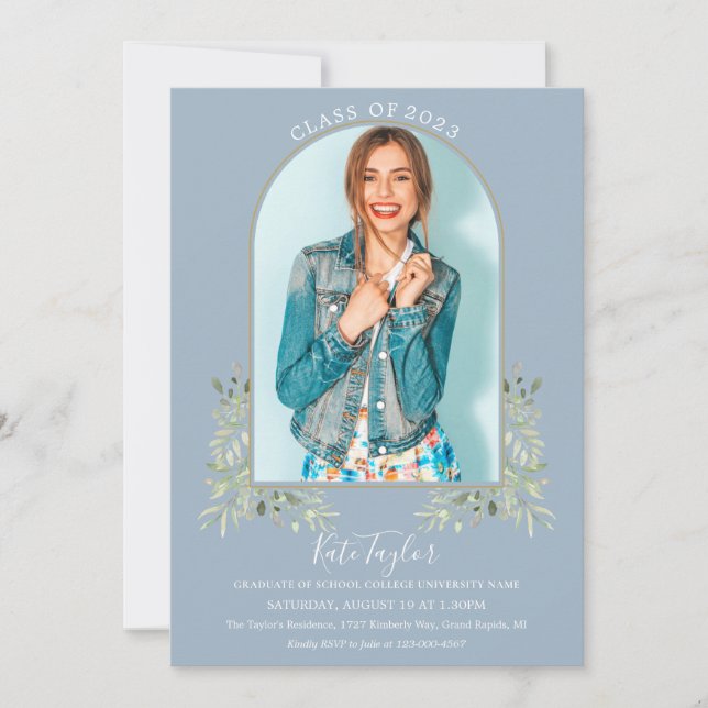 Dusty Blue Greenery Gold Arch Photo Graduation Inv Invitation (Front)