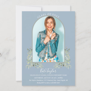 Dusty Blue Greenery Gold Arch Photo Graduation Inv Invitation