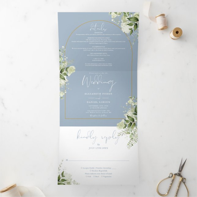 Dusty Blue Greenery Gold Arch Photo Wedding Tri-Fold Invitation (Inside)