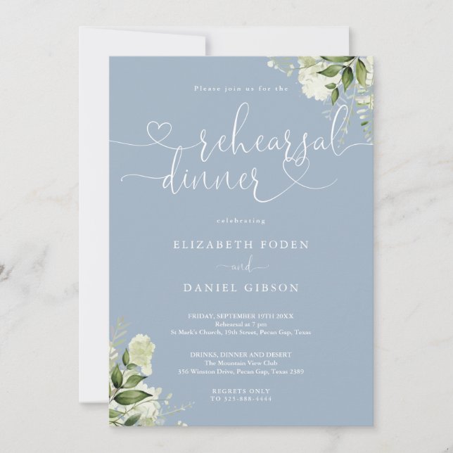 Dusty Blue Greenery Heart Script Rehearsal Dinner Invitation (Front)