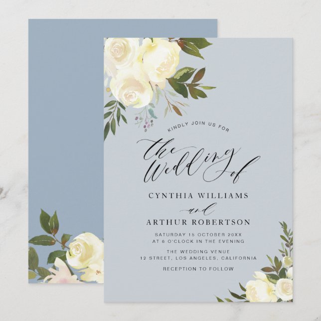 Dusty blue greenery ivory floral wedding invitation (Front/Back)