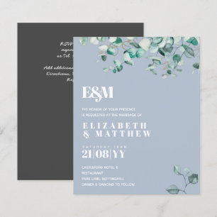Dusty Blue Greenery Leafy Budget Wedding Invite
