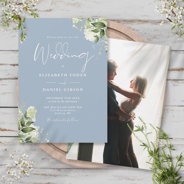 Dusty Blue Greenery Leaves Elegant Photo Wedding Invitation (Creator Uploaded)