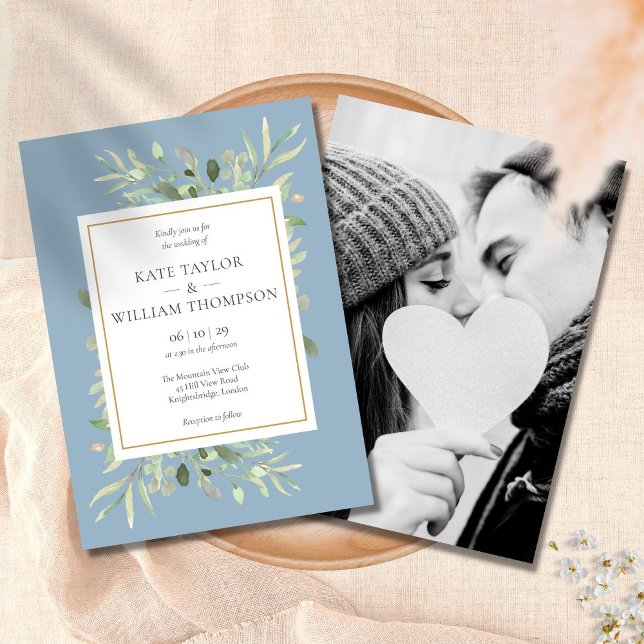 Dusty Blue Greenery Leaves Photo Wedding Invitation (Creator Uploaded)