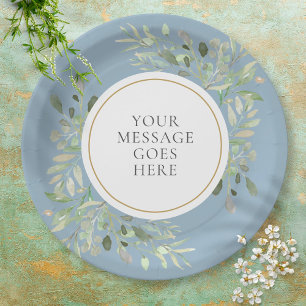 Dusty Blue Greenery Leaves Watercolor Celebration Paper Plate