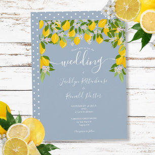 Dusty Blue Greenery Lemons Blossom Wedding Invitation