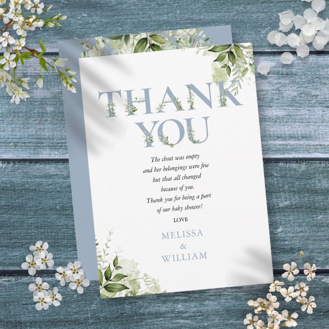 Dusty Blue Greenery Letter Baby Shower Poem Thank You Card (Dusty Blue Greenery Letter Baby Shower Poem Thank You Card)