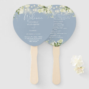Dusty Blue Greenery Lights Wedding Program Heart Hand Fan