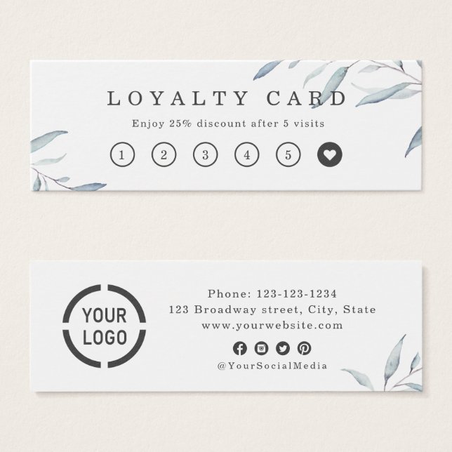 Dusty blue greenery logo business loyalty card (Front & Back)