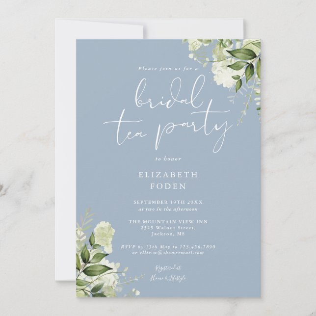 Dusty Blue Greenery Monogram Bridal Tea Party Invitation (Front)