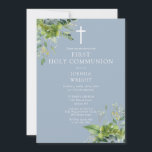 Dusty Blue Greenery Monogram First Holy Communion Save The Date<br><div class="desc">This elegant eucalyptus greenery botanical dusty blue first holy communion save the date invitation can be personalized with your information in chic typography with monogram initials on the reverse. Designed by Thisisnotme©</div>