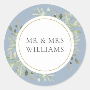 Dusty Blue Greenery MR & MRS Wedding Classic Round Sticker