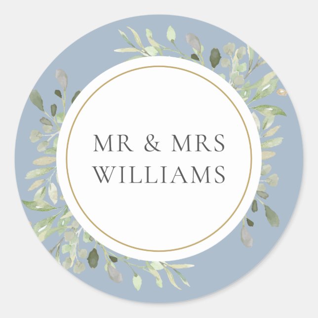 Dusty Blue Greenery MR & MRS Wedding Classic Round Sticker (Front)