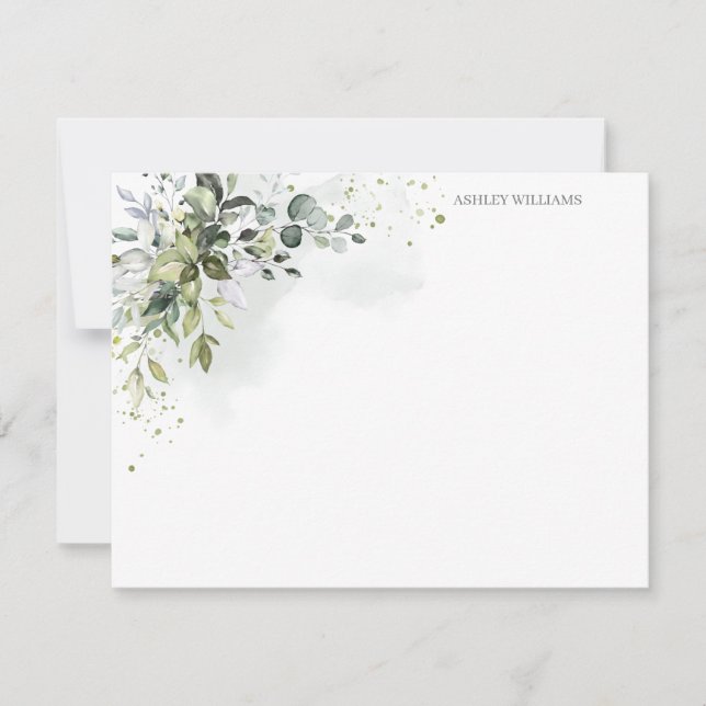 Dusty Blue Greenery Personalized Stationery Card (Front)