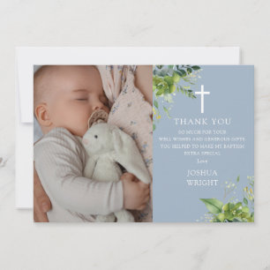 Dusty Blue Greenery Photo Baptism Christening Thank You Card