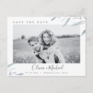 Dusty blue greenery photo wedding save the date postcard