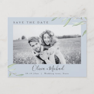 Dusty blue greenery photo wedding save the date postcard