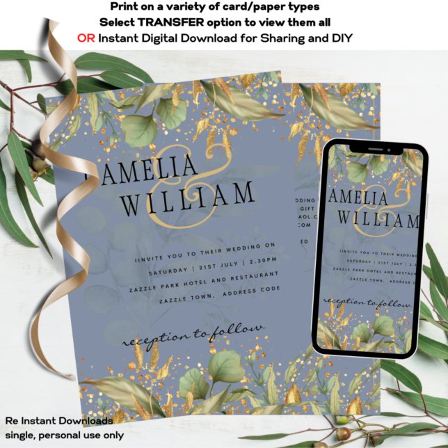 Dusty Blue Greenery Printed and Digital Wedding Invitation (Creator Uploaded)