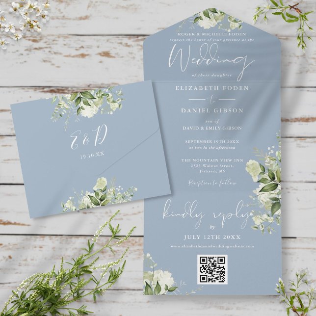 Dusty Blue Greenery QR Code Formal Wedding All In One Invitation (Creator Uploaded)